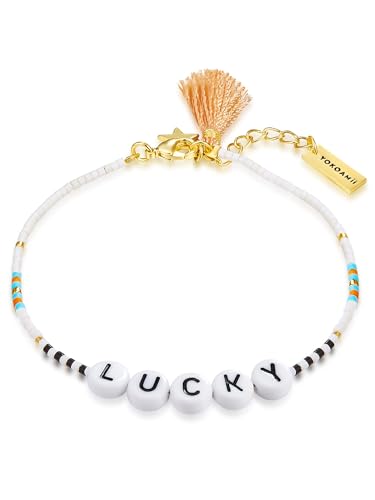 Yokoamii Damen Armband Edelstahl gelbvergoldet 14 Karat Miyuki Perlen weiß schwarz orange Lucky Perlenarmband von Yokoamii