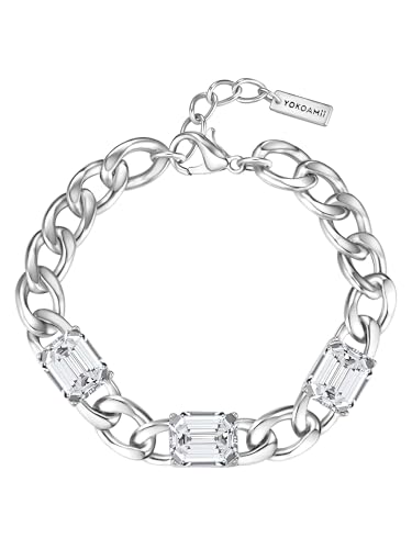 Yokoamii Damen Armband aus Messing Silber-Optik mit Glasstein weiß Panzerarmband von Yokoamii