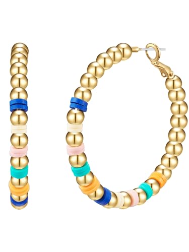 Yokoamii Damen Creolen Metall-Legierung Gelbgold-Optik Plastikperle blau weiß rosa türkis orange Modeschmuckohrcreolen von Yokoamii