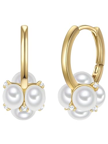 Yokoamii Damen Creolen aus Messing gelbvergoldet 14 Karat mit rund Perle (synth.) ca. 4,5-5,0 mm weiß Zirkonia weiß von Yokoamii