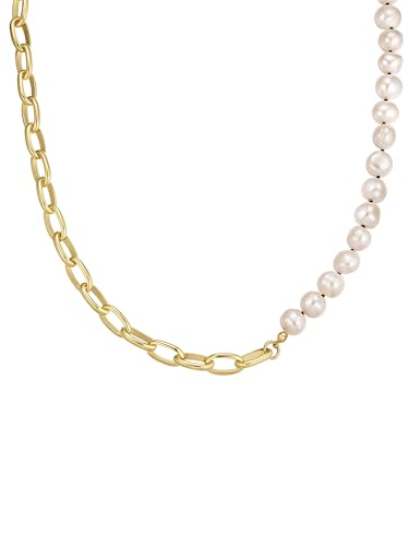 Yokoamii Damen Kette Metall-Legierung Gelbgold-Optik mit barock Süßwasser-Zuchtperle ca. 8,0-9,5 mm weiß von Yokoamii