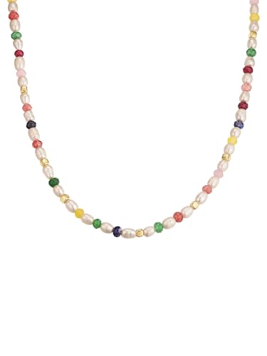 Yokoamii Damen Kette Metall-Legierung Gelbgold-Optik mit potato Süßwasser-Zuchtperle ca. 6,0-6,5 mm weiß Marmor (gefärbt) von Yokoamii