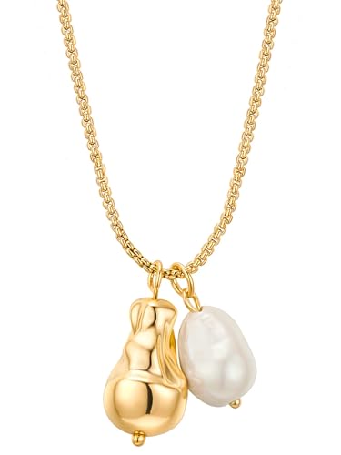 Yokoamii Damen Kette aus Metall gelbvergoldet 14 Karat mit barock Muschelkernperle ca. 8,5-9,0 mm Modeschmuckkette von Yokoamii