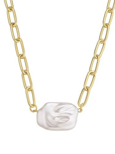 Yokoamii Damen Kette aus Metall gelbvergoldet 14 Karat mit barock Perle (synth.) ca. 17,0 x 24,0 mm weiß von Yokoamii