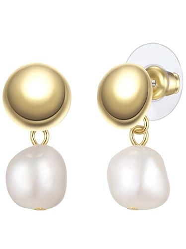 Yokoamii Damen Ohrhänger Metall-Legierung gelbvergoldet 14 Karat mit barock Süßwasser-Zuchtperle ca. 6,5-7,0 mm weiß von Yokoamii