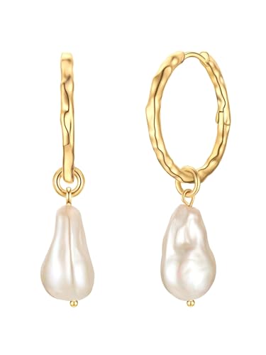 Yokoamii Damen Ohrringe aus Metall gelbvergoldet 14 Karat mit barock Muschelkernperle ca. 12,0-12,5 mm Modeschmuckcreolen von Yokoamii