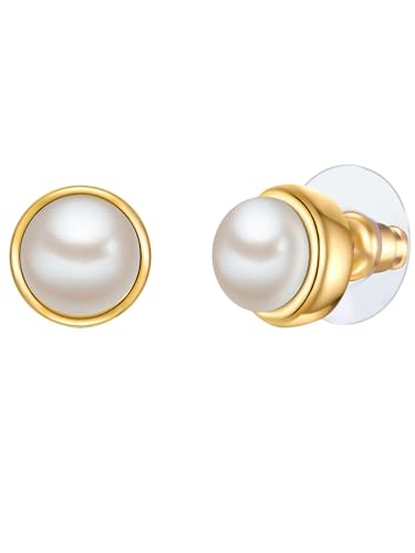 Yokoamii Damen Ohrringe aus Metall gelbvergoldet 14 Karat mit button Süßwasser-Zuchtperle ca. 8,0-8,5 mm Modeschmuckohrstecker von Yokoamii