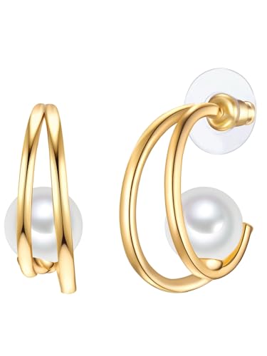 Yokoamii Damen Ohrringe aus Metall gelbvergoldet 14 Karat mit rund Muschelkernperle ca. 10,0-10,5 mm Modeschmuckohrcreole von Yokoamii