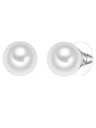 Yokoamii Damen Perlenohrstecker aus Metall Silber-Optik mit rund Muschelkernperle ca. 11,0-11,5 mm weiß von Yokoamii