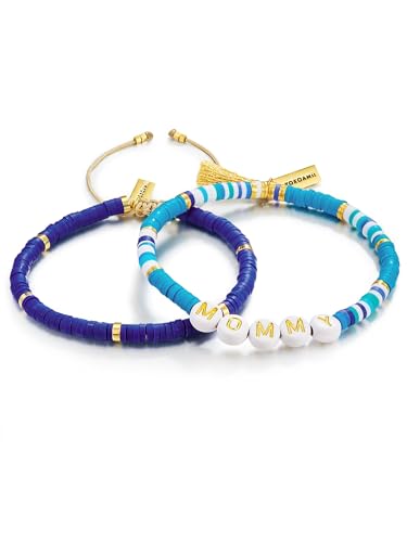 Yokoamii Damen Set (Armband 2er) Edelstahl gelbvergoldet 14 Karat Heishi Perlen blau weiß lila Mommy Perlenarmband von Yokoamii