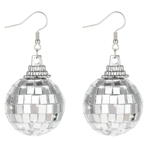 1 Paar Discokugel Ohrringe, 80er Jahre Disco Kugel Ohrringe, Funkelnde Silber Discokugel Schmuck Accessoires, für Damen Mädchen, Retro Disco Fasching Kostüm Zubehör von Yolev