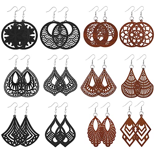 12 PaarHolzohrringe Damen Afrikanische Boho Ohrringe Holz Hängeohrringe Leichte Ohrringe Set Leichte Tropfenohrringe Schmuck Natürliche Ohrringe Hängend Damen Mädchen von Yolev