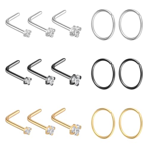 15 Stück Edelstahl Nasenpiercing 20G 316L Chirurgenstahl Piercing Nasenstecker Silber für Nase Nasenstecker Fake Nasenring Nase Hoop für Damen L Form von Yolev