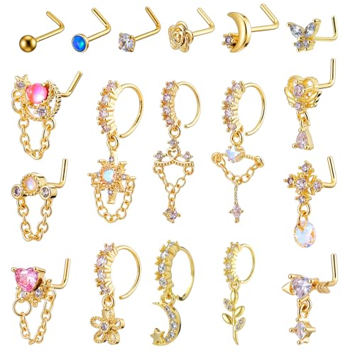 18 Stück Nasenring Ring Septum Piercing 20G Nasenringe Creolen L-Chirurgenstahl Nasenring Nase Förmig Baumelnder Nasenstecker Zirkonia Nasenpiercing-Schmuck für Damen von Yolev