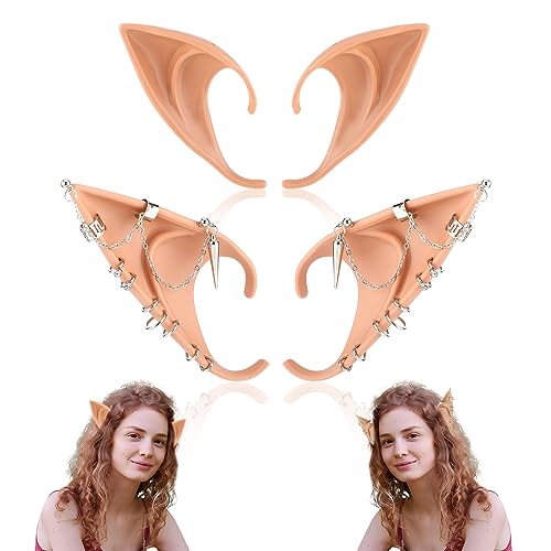 2 Paar Elfenohren Gummi Hobbit Spitz Ohren mit Ohrringen Ohrclips Feenohren für Männer und Frauen Halloween Weihnachten Anime Party Cosplay Kostüm Zubehör von Yolev