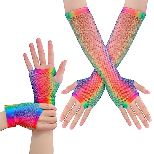 2 Paar Netzhandschuhe Regenbogenfarben Damen Fingerlose Handschuhe Lang Kurz Netzhandschuhe 80er-Jahre Retro Party Disco Maskerade Kostüm Zubehör von Yolev