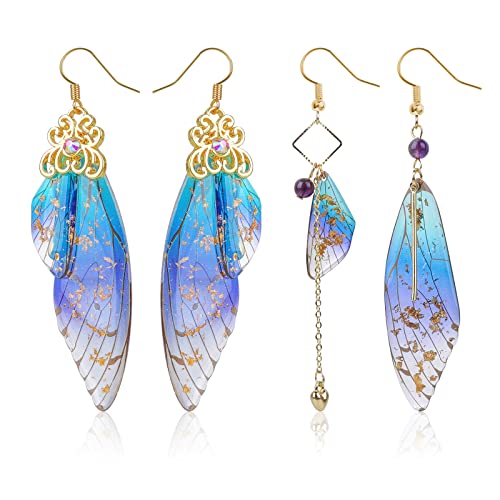 2 Paar Schmetterling Ohrringe Schmetterlingsflügel Feenflügel Ohrringe Goldfolie Simulation Insekt Feen Flügel Ohrringe Wing Foil Asymmetrische Elfen Ohrringe Damen Mädchen Earrings Aesthetic von Yolev
