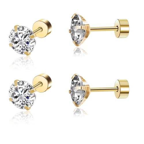 2 Paar Ohrstecker Set für Damen Mädchen Flatback Ohrstecker Gold Chirurgenstahl Knorpel Flatback Ohrringe Mädchen Stecker for Tragus Spiral Ear Piercing Flat Back Earrings von Yolev