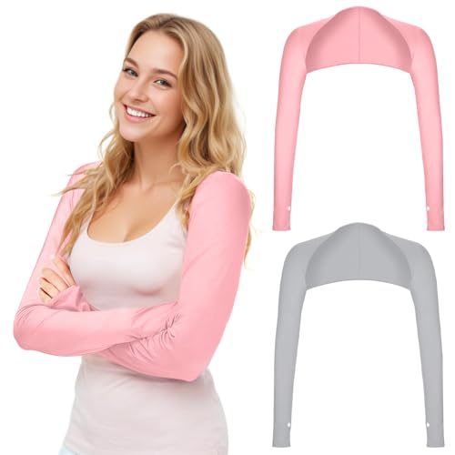 2 Stück UV-Schutz Bolero Damen Sonnenschutz Schal Armstulpen Eisseide Kühlschal Armmanschetten mit Fingerlöchern Fingerlose Handschuhe Ärmel (Gray+Rosa) von Yolev