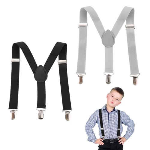 2PCS Hosenträger Kinder Y-Form Verstellbare 3 Clips Elastische Kinder Hosenträger Jungen 2.5 cm Schwarz und Grau Geeignet von Yolev