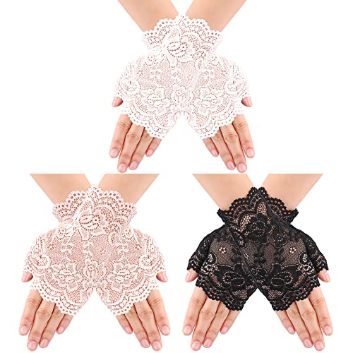 3 Paar Damen Spitze Fingerlose Handschuhe Kurz UV Schutz Handschuhe Weiß Schwarz Aprikose Braut Hochzeit Abschlussball Handschuhe Teeparty Kostüm Zubehör von Yolev