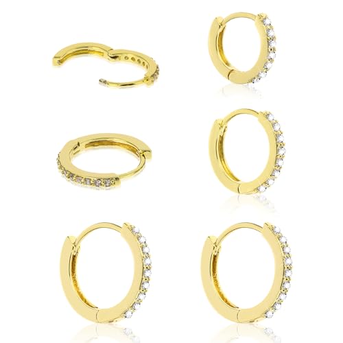 3 Paar Klein Creolen Gold Rund Damen Goldohrringe Zirkonia Kleine Creolen Set Damen Strass Creolen aus Ohrringe Kreolen Klein Gold Mann Hoop Earrings von Yolev