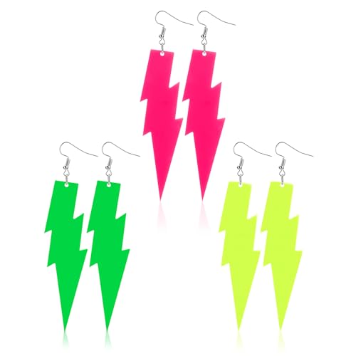 3 Paar Lightning Ohrringe Neon Grün Pink Gelb Blitz Vintage Ohrringe 80er Lightning Bolt Ohrringe Acryl Lightning Ohrringe 80er Damen Mädchen Ausgefallene Accessoires Halloween Neon Party von Yolev