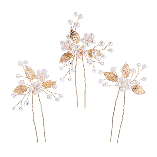 3 Stück Braut Haarschmuck Gold Perlen Bride Wedding Hair Pins Kopfschmuck Hochzeit Haarspangen Blätter Braut Tiara Blume Haarschmuck Hair Clips für Bräute Brautjungfern von Yolev