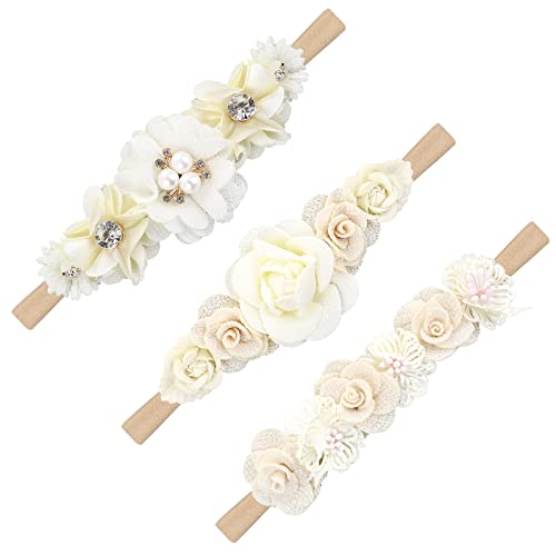 3 Stück Haarband Baby Nylon Haarbänder Blumen Baby Blume Elastisches Stirnband Bow Twist Neugeborenes Kleinkind Haarschmuck Haarreifen Mädchen Haarband Weiß von Yolev