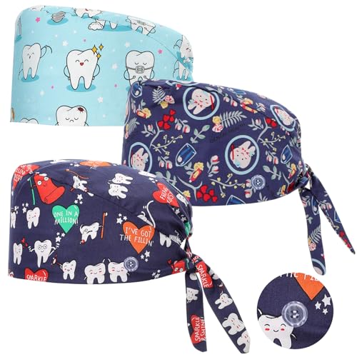 3 Stück OP Haube Verstellbar mit Knopf Arbeitskappe Baumwolldruck Kranken Schwesternkappe Unisex Staubhauben Kappe（Cartoon Zähne Stil） von Yolev