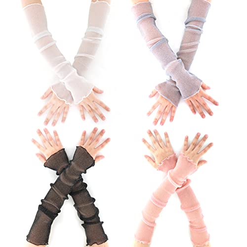 4 Paar Armstulpen Sommer Damen Lange Fingerlose Handschuhe Schmale Spitzenhandschuhe Cooles Netz Tüll UV Schutz Fingerlose Ärmel für Party und Outdoor Sportarten von Yolev