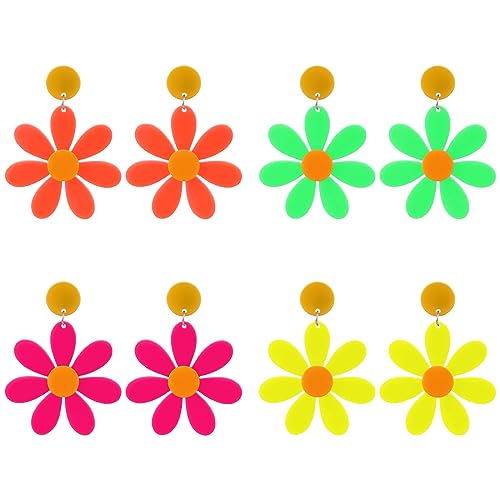 4 Paar Blumen Ohrringe Neon Damen 80er Jahre Retro Acryl Bunt Übertriebene Neonfarbene Boho Halloween Kostüm Party Zubehör 90er Accessoires Outfit von Yolev
