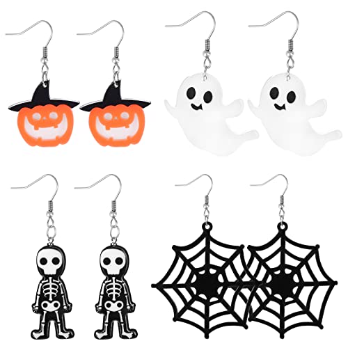 4 Paar Halloween Ohrringe Halloween Paar Dangle Earrings Spinnennetz Kürbis Geist Fledermaus Boo Halloween Kürbis Mädchen Ohrringe von Yolev