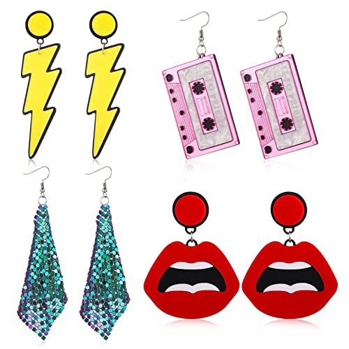 4 Paar Neon Ohrringe 80er Vintage Weihnachtsohrringe Bunt Anhänger 80er 90er Jahre Outfit Damen Accessoires Neon Party Kostüm Zubehör Übertriebene Earrings Aesthetic von Yolev