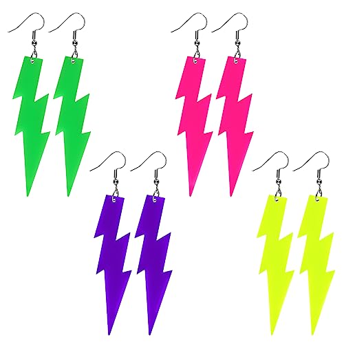 4 Paar Blitz Ohrringe Neon Damen 80er 90er Jahre Accessoires Acryl Boom Ohrringe Blitz Baumeln Ohrringe groß Halloween Schmuck 80er Jahre Kostüm Neon Accessoires Party Zubehör Damen von Yolev