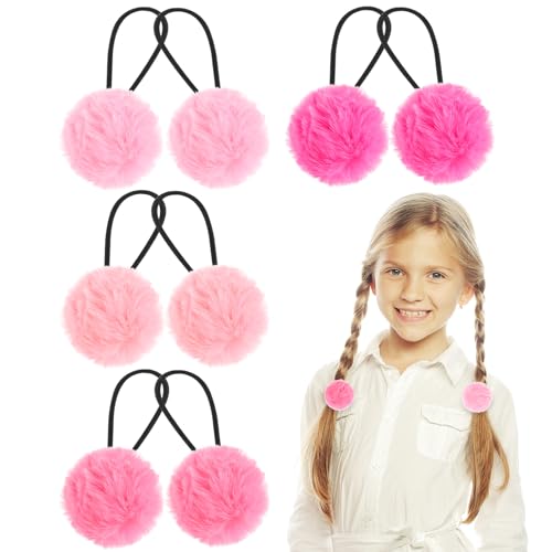 4 Paar Pom Pom Haargummis Mädchen Flauschige Elastische Stirnbänder für Mädchen Haarschmuck Rosa Haargummis Kugel Stirnbänder Schleife Elastische Nylon Cheerleader Pompons von Yolev