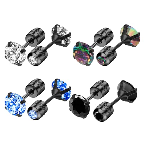 4 Paar Ohrringe Herren Zirkon Ohrstecker Edelstahl Ohrstecker 6mm Bunt Flache Rückseite Diamant Knorpel Ohrringe Punk Hippie Ohrstecker Schmuck für empfindliche Ohren Männer Frauen von Yolev