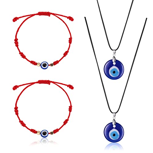 Yolev 4 Stück Evil Eye Halskette mit Evil Eye Armband Set 2 Amulett Glücksarmband mit Karten 2 Evil Eye Anhänger Halskette Türkei Blau Evil Eye Necklace Damen Herren Jungen Nazar Kette von Yolev
