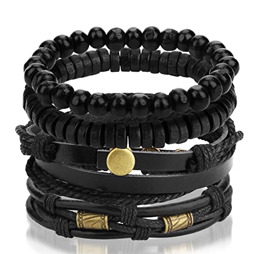 4 Stück Lederarmband Herren Geflochtenes Breites Armbänder Schwarz Punk Goth Rock Skull Bracelet Men Manschette Bead Armband Set Gothic Deko Jungen Verstellbar Schwarz und Braun von Yolev