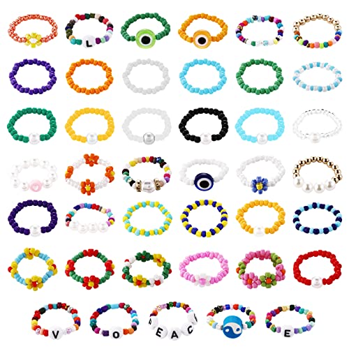 40 Stück Blumen Perlen Ring Bunte Gänseblümchen Evil Eye Perlenringe Elastische Stapel Boho Strandringe für Damen Mädchen von Yolev