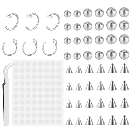 54 Stück Fake Piercing Kugel Nasen Lippenohrringe 3 mm 4 mm 5 mm Stahlfarbe Fake Nose Ring Gefälschtes Augenbrauen Fake Septum Piercing Ohr mit Aufkleber Fake Piercings Einfach zu Tragen von Yolev