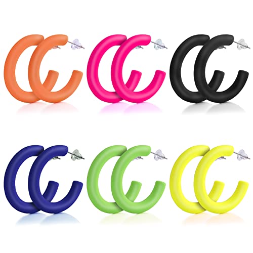 6 Paar Neon Ohrringe Damen 80er 90er Jahre Outfit Accessoires Acryl Vintage Boho Bunt Creolen Party Kostüm Zubehör Earrings Aesthetic von Yolev
