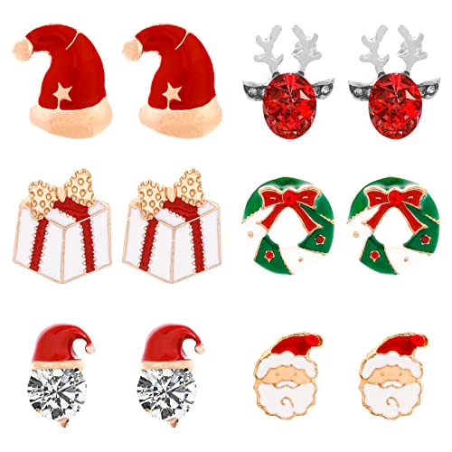6 Paar Weihnachten Ohrringe Set Weihnachtsohrringe für Damen Kristalledelsteine Weihnachtsmann Weihnachtsmütze Luxus Rentiergeweih Weihnachtsohrringe Ohrstecker Mädchen Festliche Ohrringe von Yolev