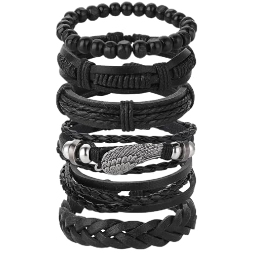 Yolev 6 Stück Armband Herren Punk Geflochtenes Armband für Männer Frauen Manschettenwickel Vintage Armbänder Längenverstellbare Lederarmbänder von Yolev