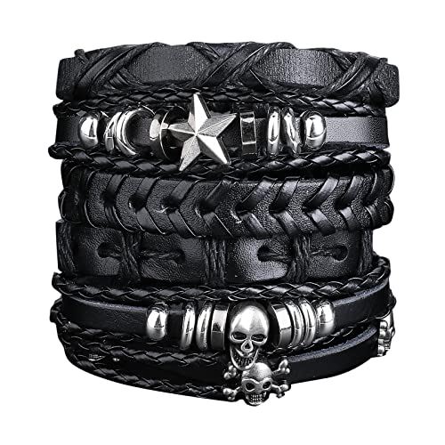 Yolev 6 Stück Lederarmband Herren Geflochten Breites Armband Schwarz Punk Rock Totenkopf Armbänder Set Herren Damen Geflochten Manschette Wrap Vintage Armband Längenverstellbar Geflochtenes Halloween von Yolev