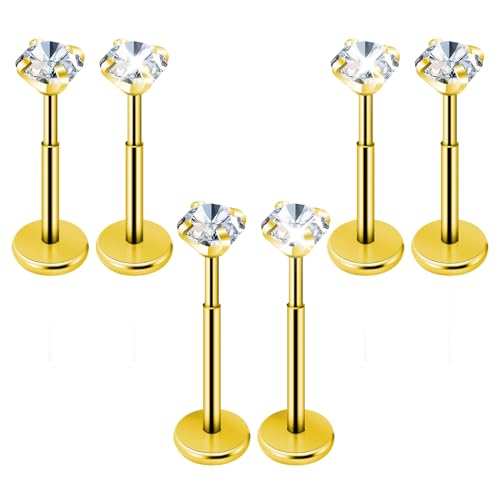 Yolev Tragus Piercing Schmuck 6 Stück 0,8mm Chirurgenstahl Lippenpiercing Gold 6/8mm mit Zirkonia Labret Piercing Damen Aufsteckknorpel Ohrringe Schmuck von Yolev
