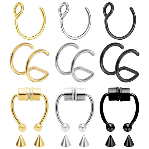 9 Stück Fake Nasenpiercing Magnetischer Fake Nasenring Edelstahl Piercing Nasenring Kein Piercing Fake Septum Nasenring Damen Halloween Karneval Schmuck Zubehör von Yolev