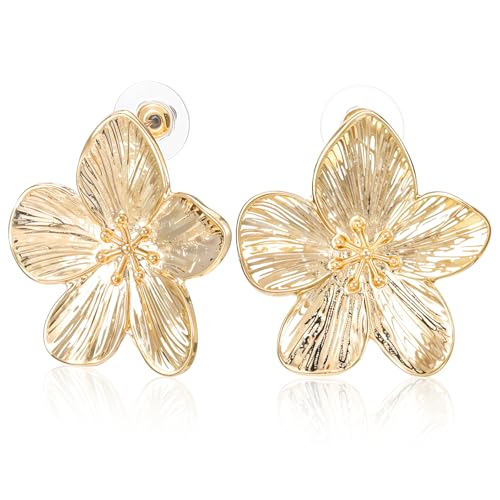 Blumen Ohrringe Gold mit Anhänger - Vergoldete Dicke Boho Statement Ohrringe für Damen und Frauen - Hängend, Weihnachtsohrringe von Yolev