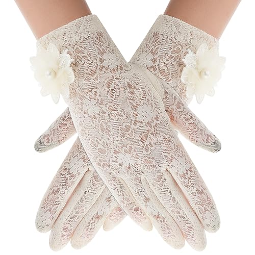 Blumen Spitze Handschuhe Halloween Damen Kurze Spitzenhandschuhes Elegante Handschuhe Elastische Sommer Sonnencreme UV Schutz Fahrhandschuhe mit Touchscreen für Hochzeit Opernessen Halloween (Beige) von Yolev