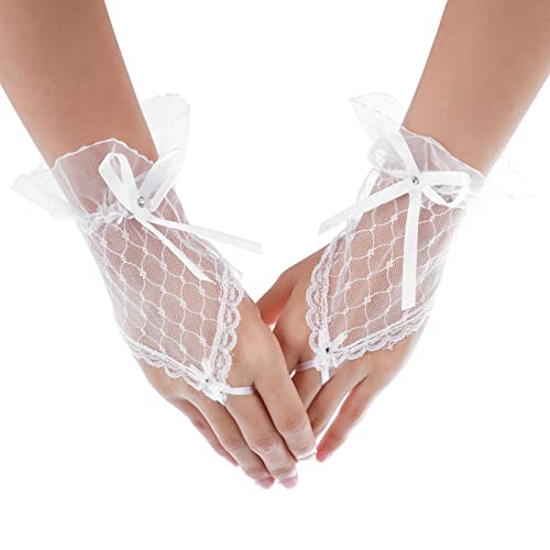 Braut Spitzen Handschuhe Kurze Fingerlose Handschuhe mit Schleife Netzhandschuhe für Damen Hochzeit Bankett Party (Weiß) von Yolev